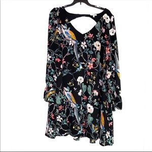 JODIFL Black Floral Bird Long Sleeve Mini Dress L